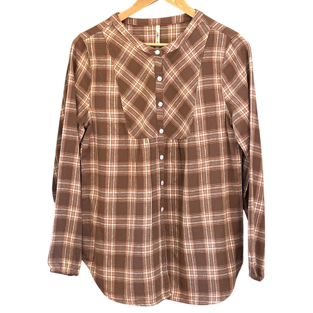 NWT Jillian Nicole Plaid Button Front Blouse Dark Academia Cottagecore Brown S